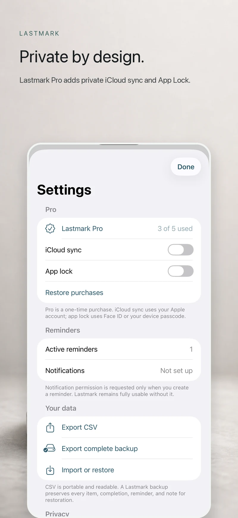 Lastmark settings on iPhone showing Pro options, iCloud sync, App Lock, export, and privacy details