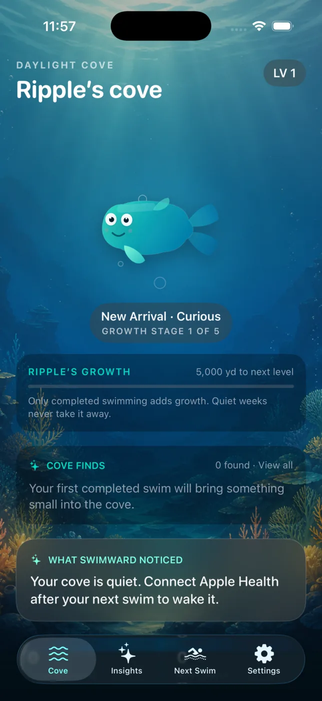 Swimward app screen showing Ripple the companion swimming in the underwater cove, with growth progress and bottom navigation