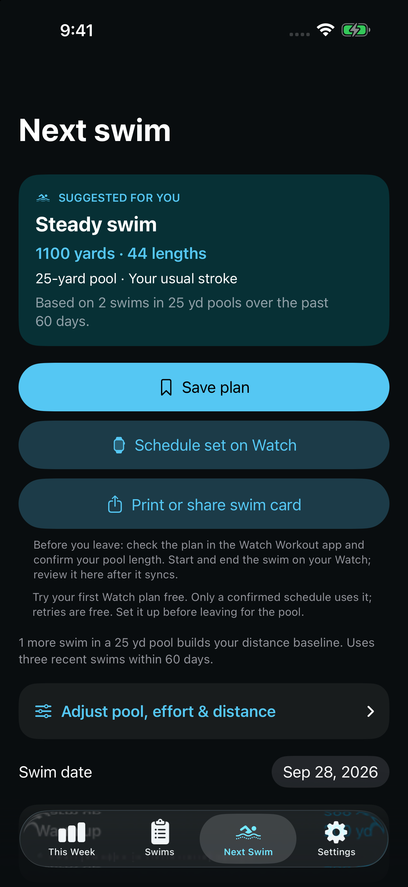 Next Swim preview with an exact pool plan, Watch scheduling and printable card actions
