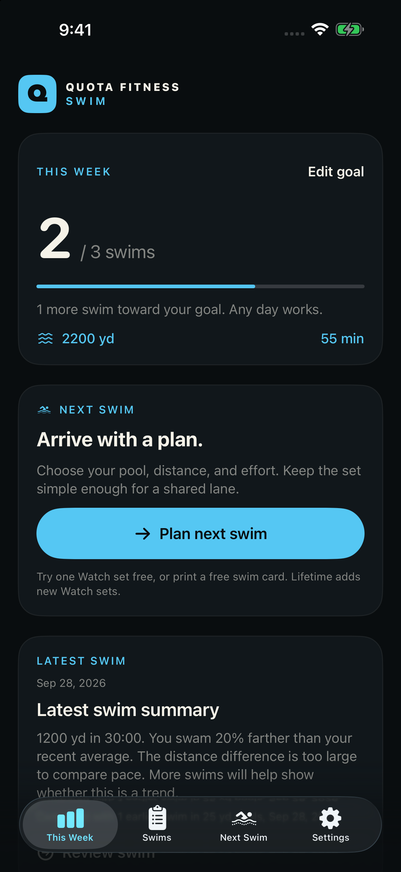 QUOTA SWIM preview: This Week shows a flexible weekly swim goal, next swim and latest receipt